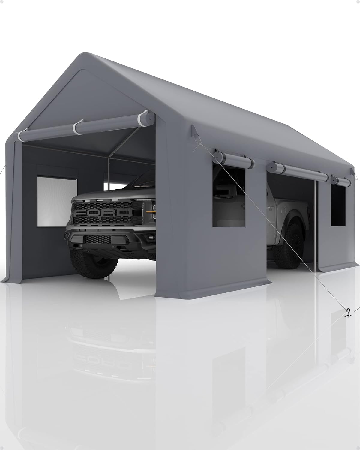 DEXSO Carport – Garaje portátil resistente de 13 x 20 pies, postes de acero de 0.039 pulgadas y toldo impermeable de polietileno de 6.35 onzas, con