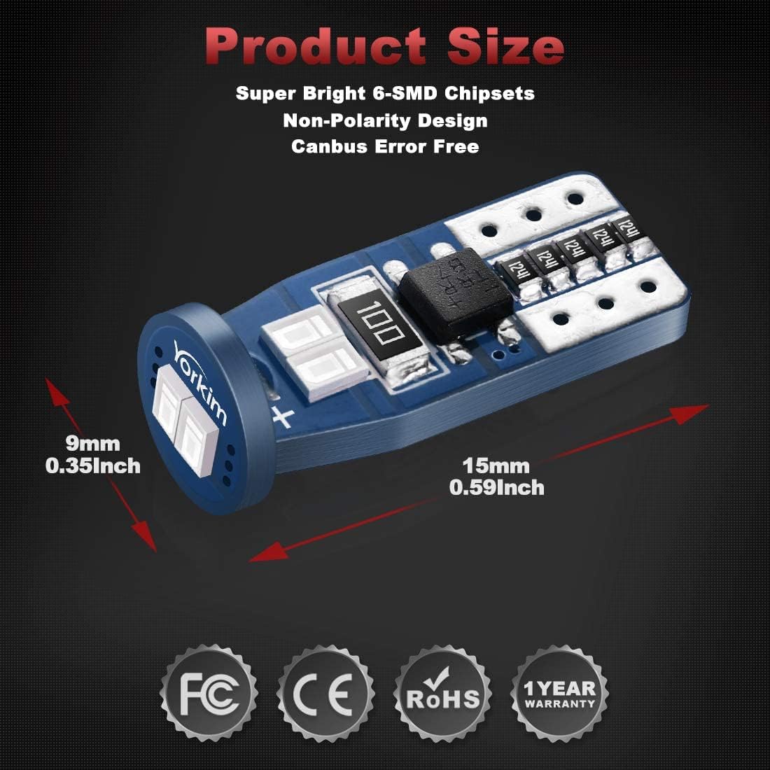 Yorkim Bombilla LED T10 Canbus sin errores 6-SMD Super Bright EMC Chipsets, 194 LED interiores para cúpula de coche, mapa, puerta, placa de