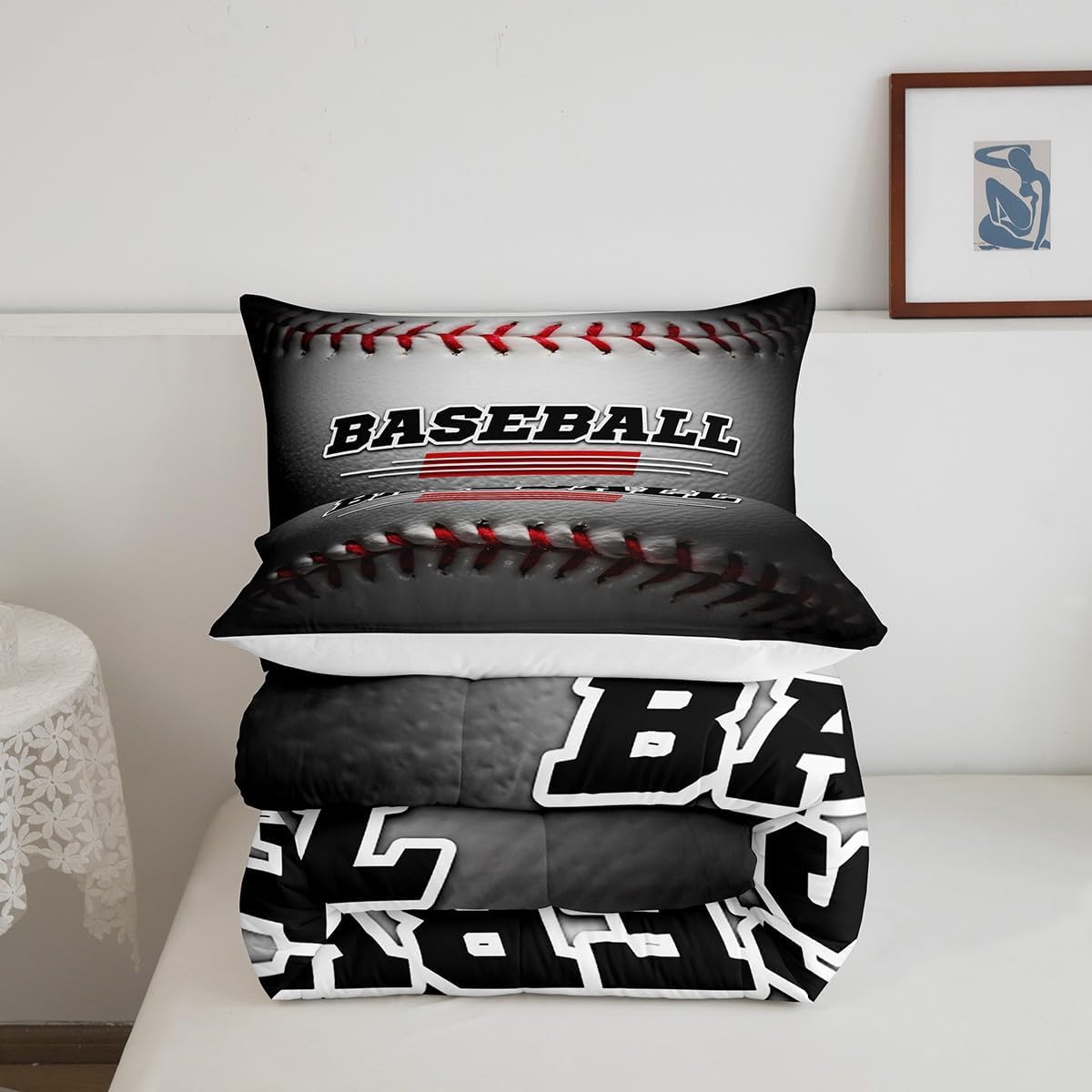 Manfei Juego de edredón de béisbol blanco para niños, tamaño matrimonial, juego de edredón con temática deportiva con 2 fundas de almohada, juego de