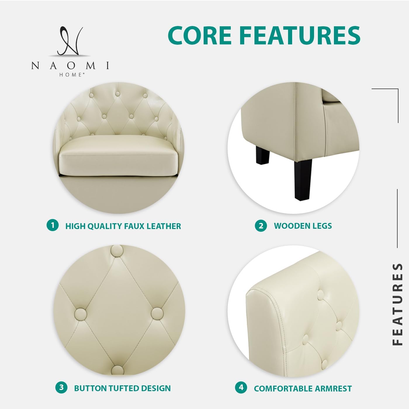 Emma – Silla decorativa, silla de barril de piel sintética copetuda con botones, silla decorativa moderna de mediados de siglo, sillón cómodo,