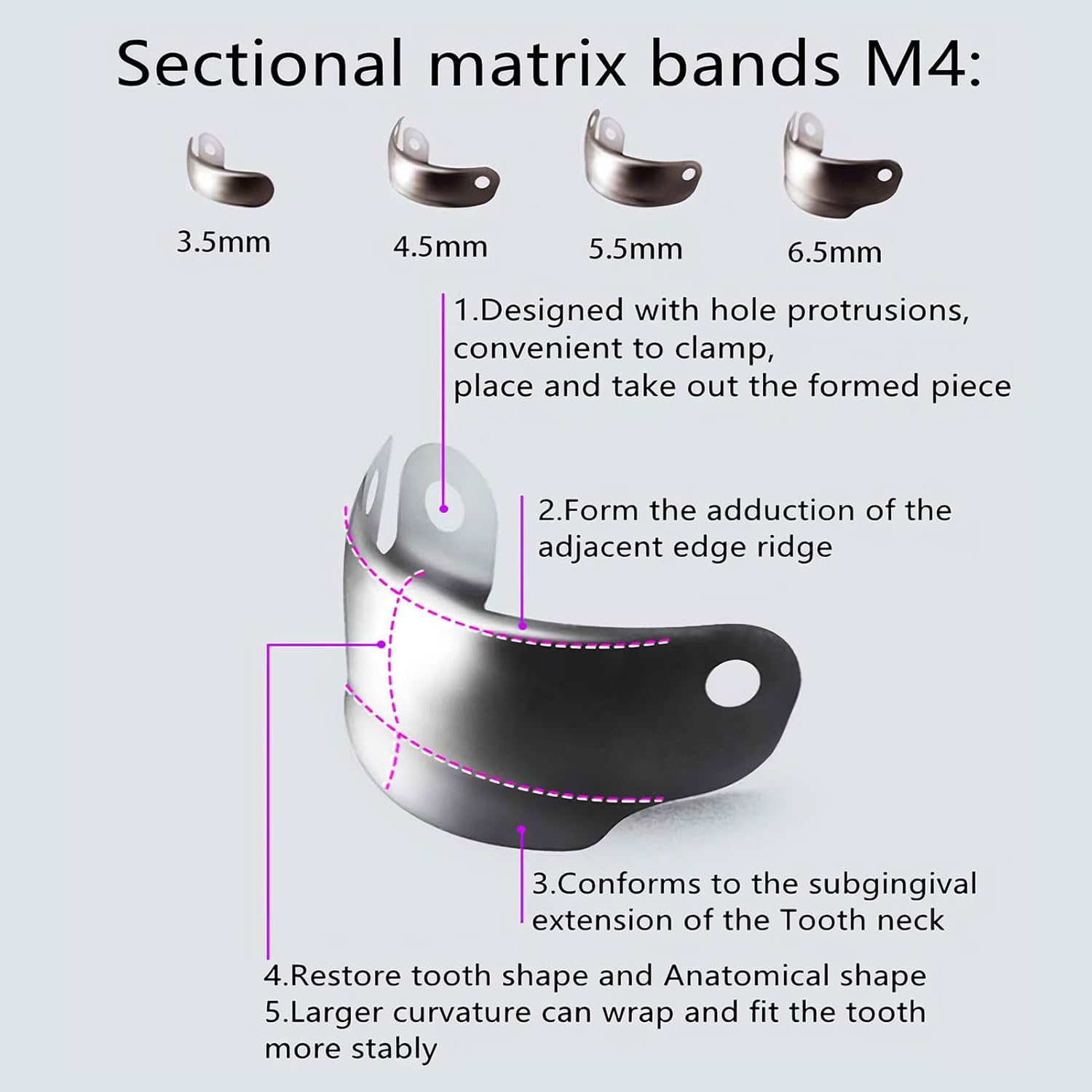 50 bandas de matriz de matriz contorneada seccional dental, bandas de matriz dental M4, bandas de matriz dental para restauraciones dentales (0.236