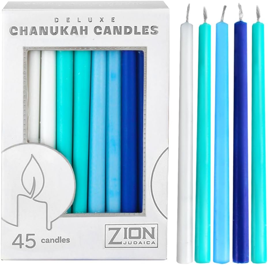 Zion Judaica – Caja de 45 velas festivas de Janucá con tarjeta de oración y Dreidel de bricolaje, se adapta a menorás estándar para las 8 noches de