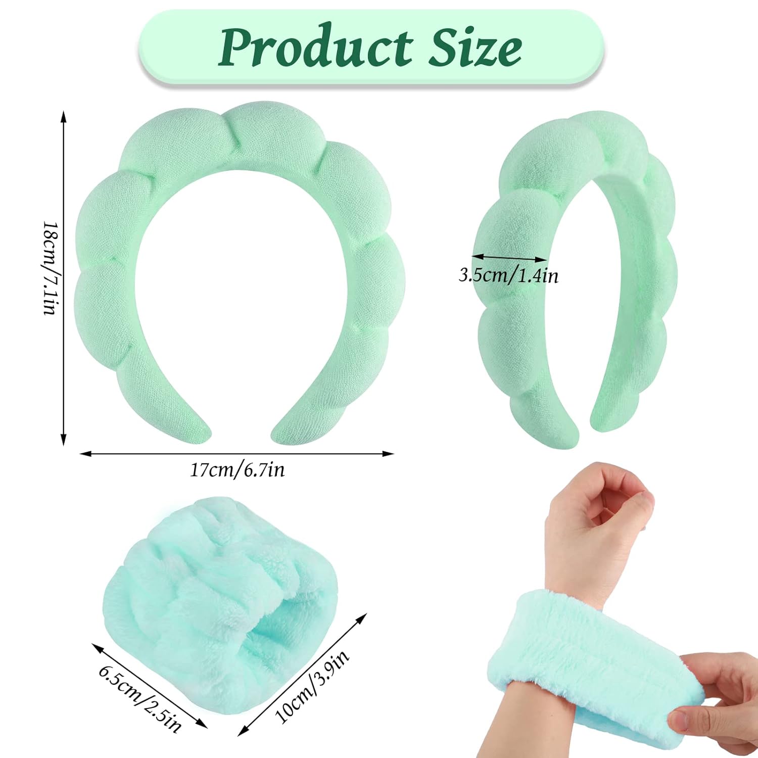 Diadema de esponja de spa para mujer, diadema de maquillaje verde y banda de lavado de muñeca para lavado de cara, cuidado de la piel, ducha,