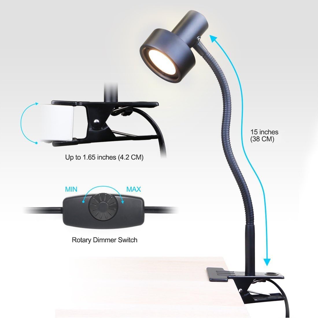 O’Bright Luz LED con clip para cabecera de camaescritorio, lámpara de escritorio LED regulable con abrazadera de metal, LED de 5 W, cuello de cisne