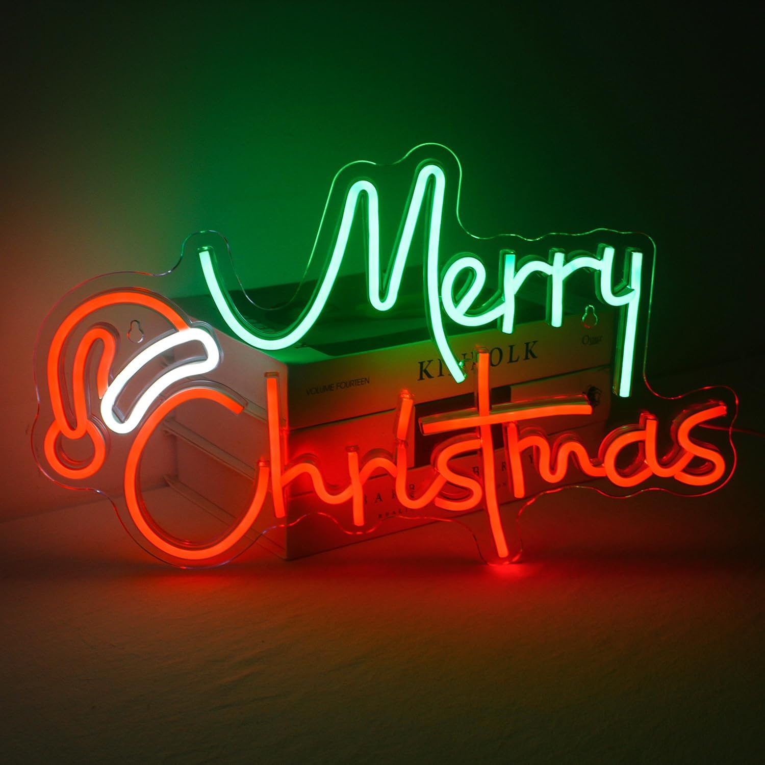 Lucunstar Letrero de neón verde de Feliz Navidad, letreros de neón para decoración de pared, luz LED de sombrero de Navidad con tablero acrílico,