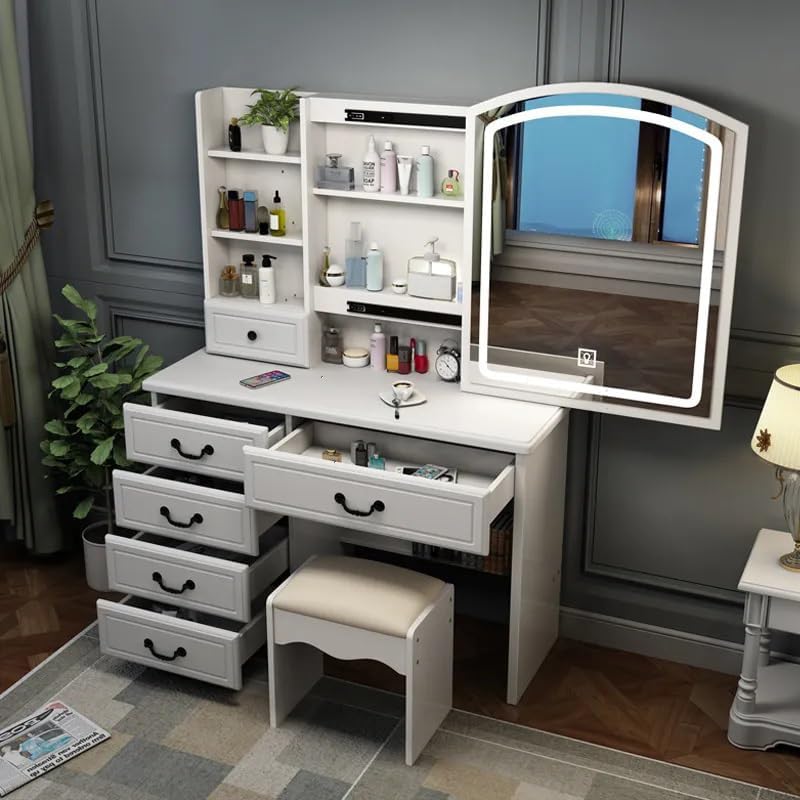 Escritorio de tocador con espejo iluminado, tocador de maquillaje con luces y cajones, mesa de maquillaje con espejo, 3 colores de iluminación,