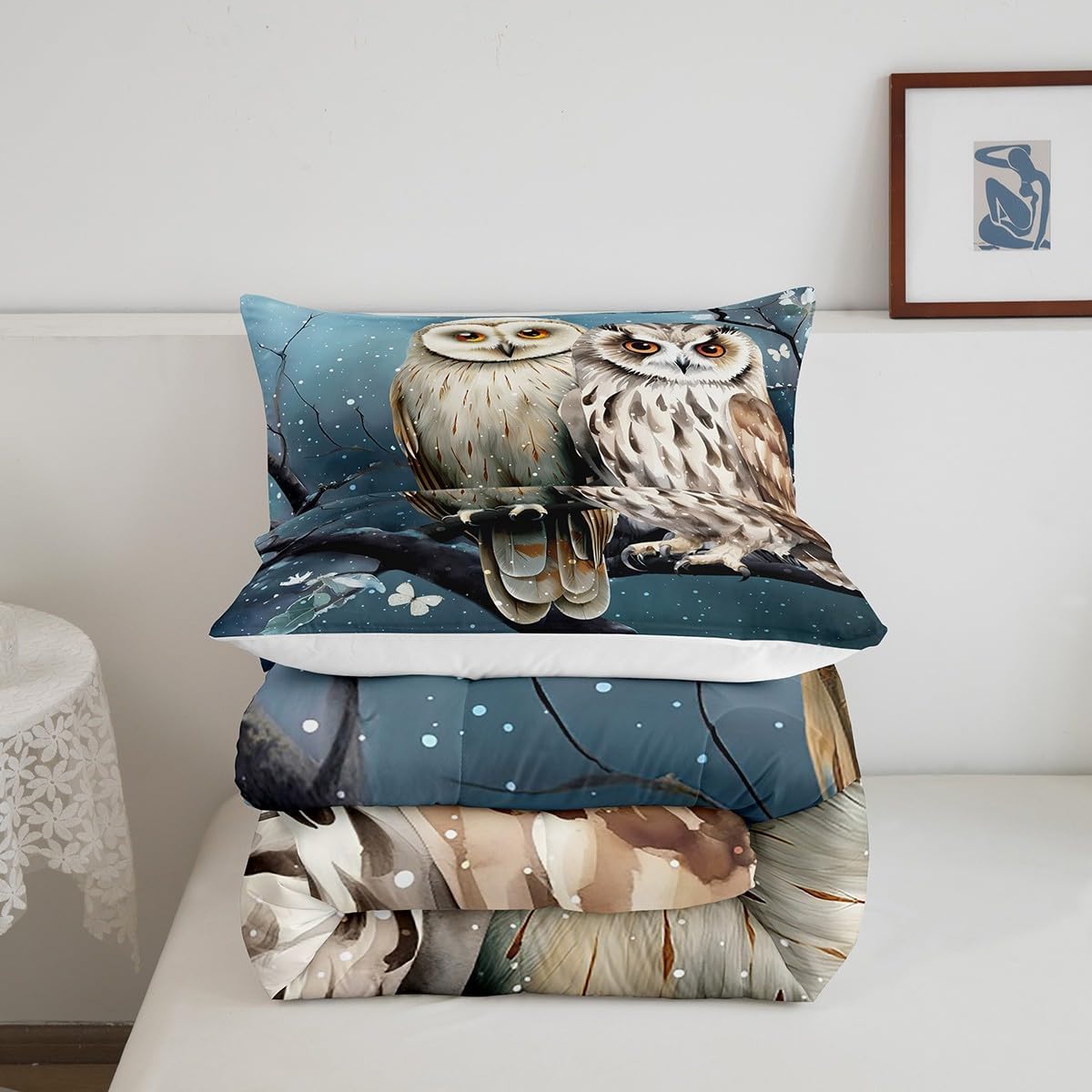 Feelyou Juego de ropa de cama con diseño de búho para niñas y niños con estampado de animales en 3D, juego de edredón decorativo con diseño de búhos
