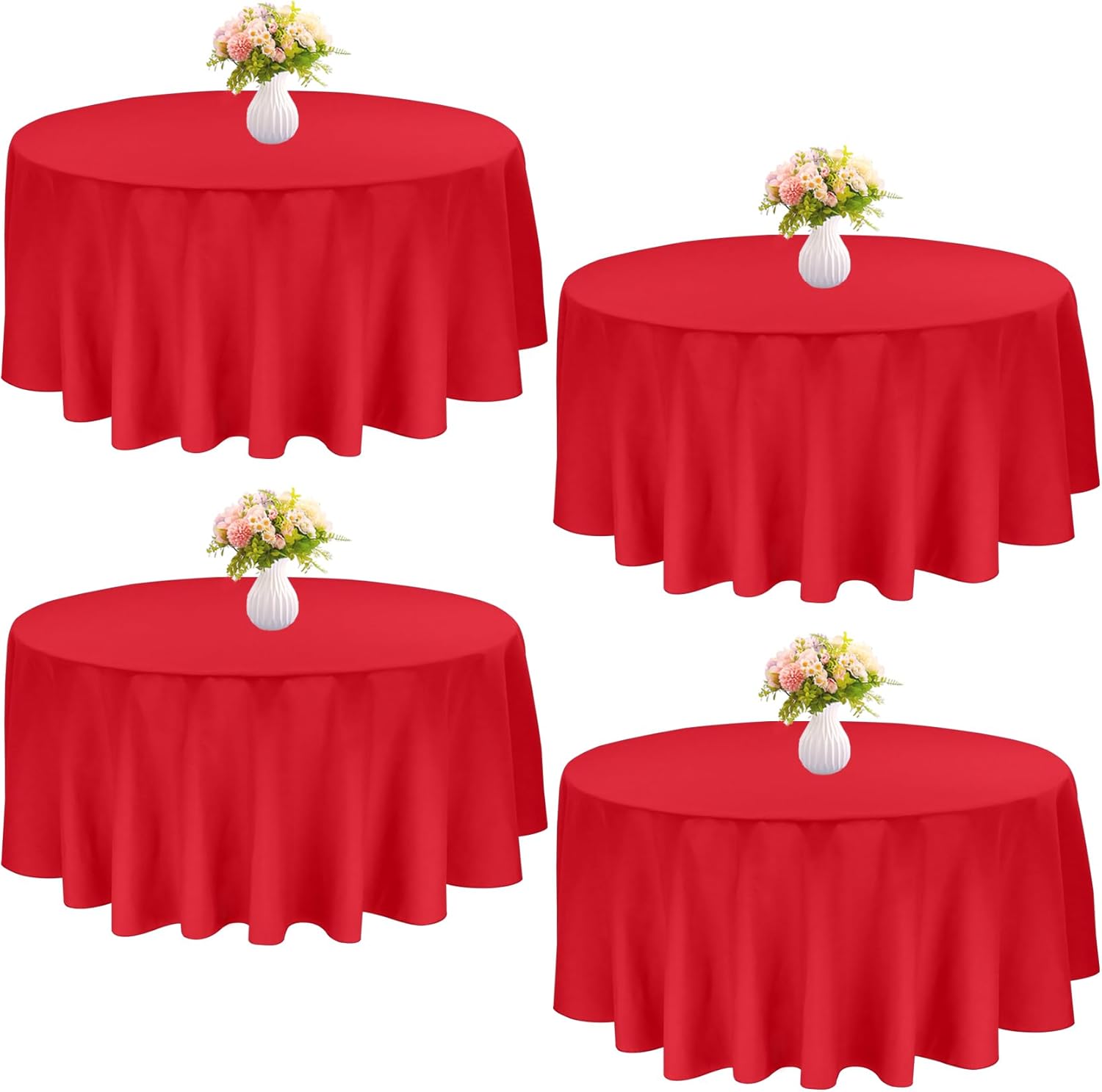 JALANCY Paquete de 4 manteles redondos de poliéster de 108 pulgadas, manteles rojos para mesas redondas, manteles de tela lavable para bodas, mesas