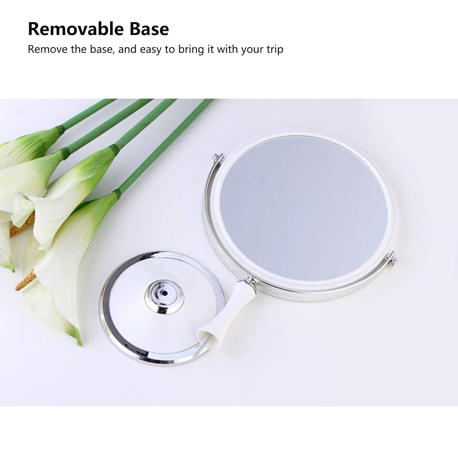 PINKZIO Maquillaje de mesa portátil de dos caras 1X y 3X aumento ligero espejo de tocador con giro de 360 grados, plástico ABS, blanco