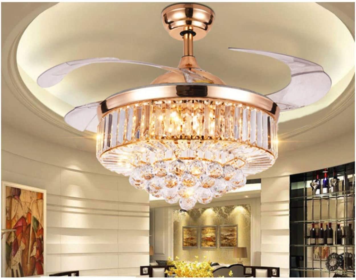 LUOLAX Candelabro de techo de cristal moderno de 42 pulgadas y control remoto, 3 colores y 3 velocidades de cambio, lámpara LED retráctil para sala