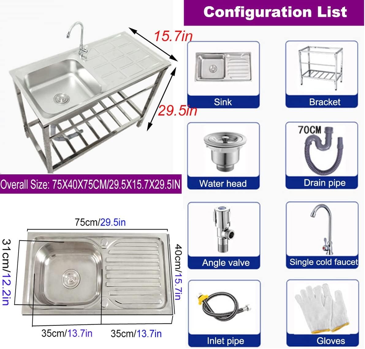 Fregadero de cocina independiente plateado de 30 pulgadas, fregadero de acero inoxidable para interiores y exteriores, lavabo de mano con banco de