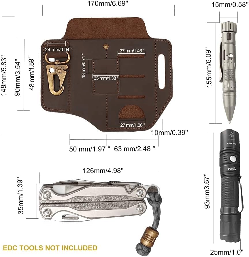 VIPERADE PJ13 Funda multiherramienta de cuero para cinturón, organizador de cinturón EDC de cuero para multiherramientas, linterna, bolígrafo, funda
