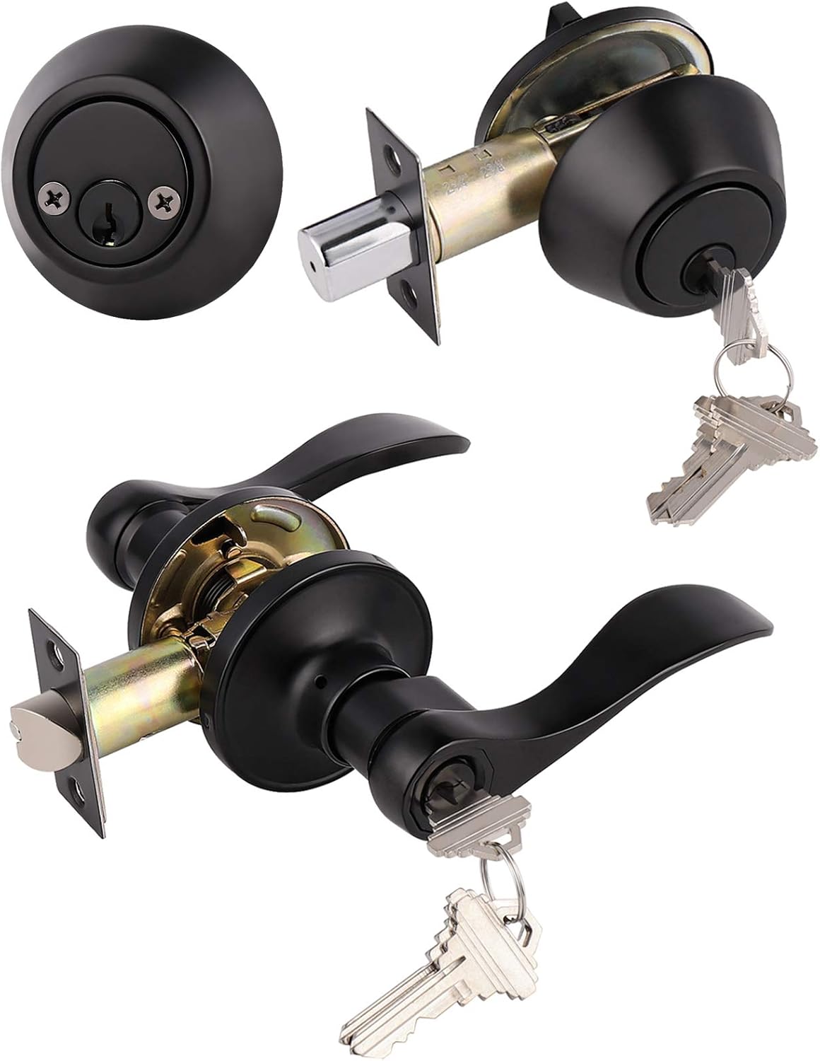Gobrico Juego de 1 cerradura de palanca de puerta delanteraexterior con cerrojo de doble cilindro con llave igual, acabado negro