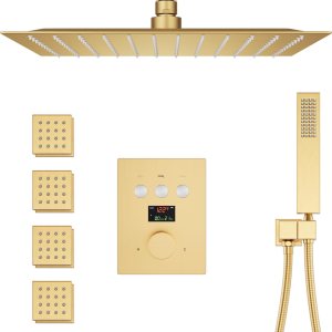 Sistema de ducha con chorros de cuerpo, juego de grifo de ducha dorado cepillado de 12 pulgadas, montaje en techo, grifo de ducha de lluvia, Sistema de ducha con chorros de cuerpo, juego de grifo de ducha dorado cepillado de 12 pulgadas, montaje en techo, grifo de ducha de lluvia,