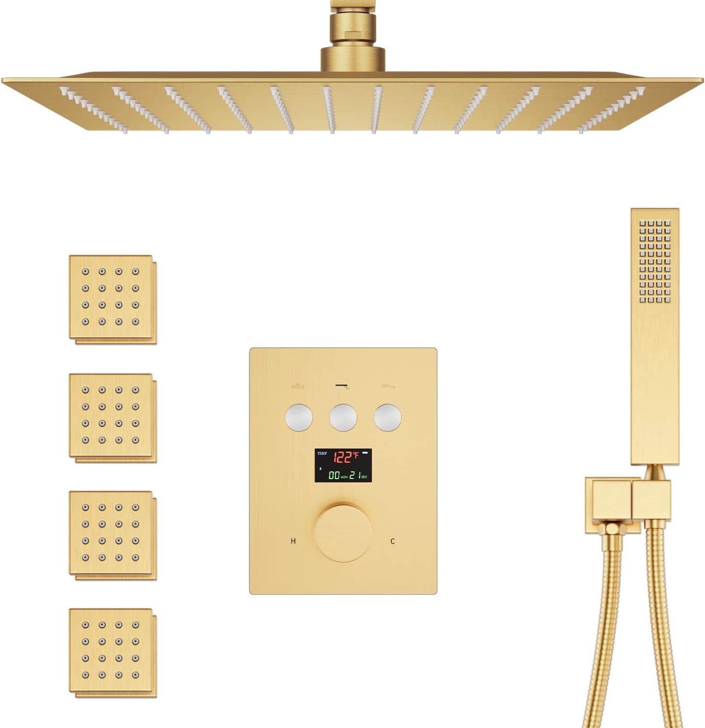 Sistema de ducha con chorros de cuerpo, juego de grifo de ducha dorado cepillado de 12 pulgadas, montaje en techo, grifo de ducha de lluvia,