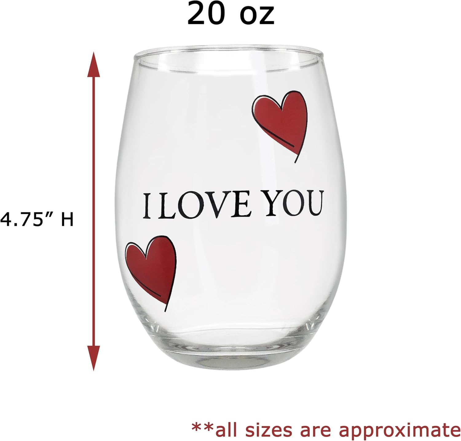 BANBERRY DESIGNS Lover’s – Juego de copas de vino con texto en inglés “I Love You”, juego de 2 copas de vino sin tallo con corazones decorativos,