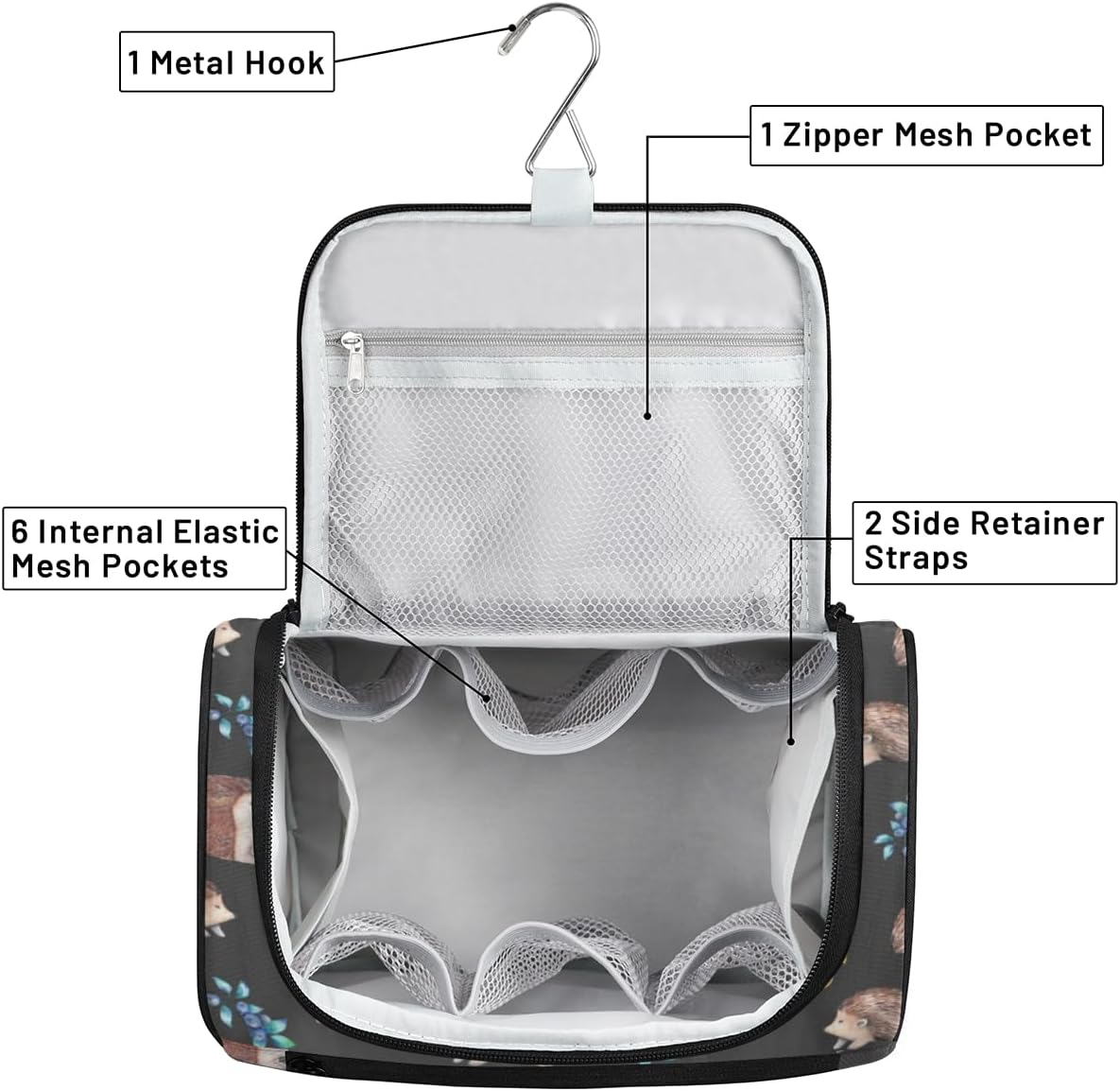 Erizos Animals Pattern Travel Toiletry Bag Water-Resistant Makeup Cosmetic Bag with Hanging Hook Large Capacity Makeup Organizer for Women Travel