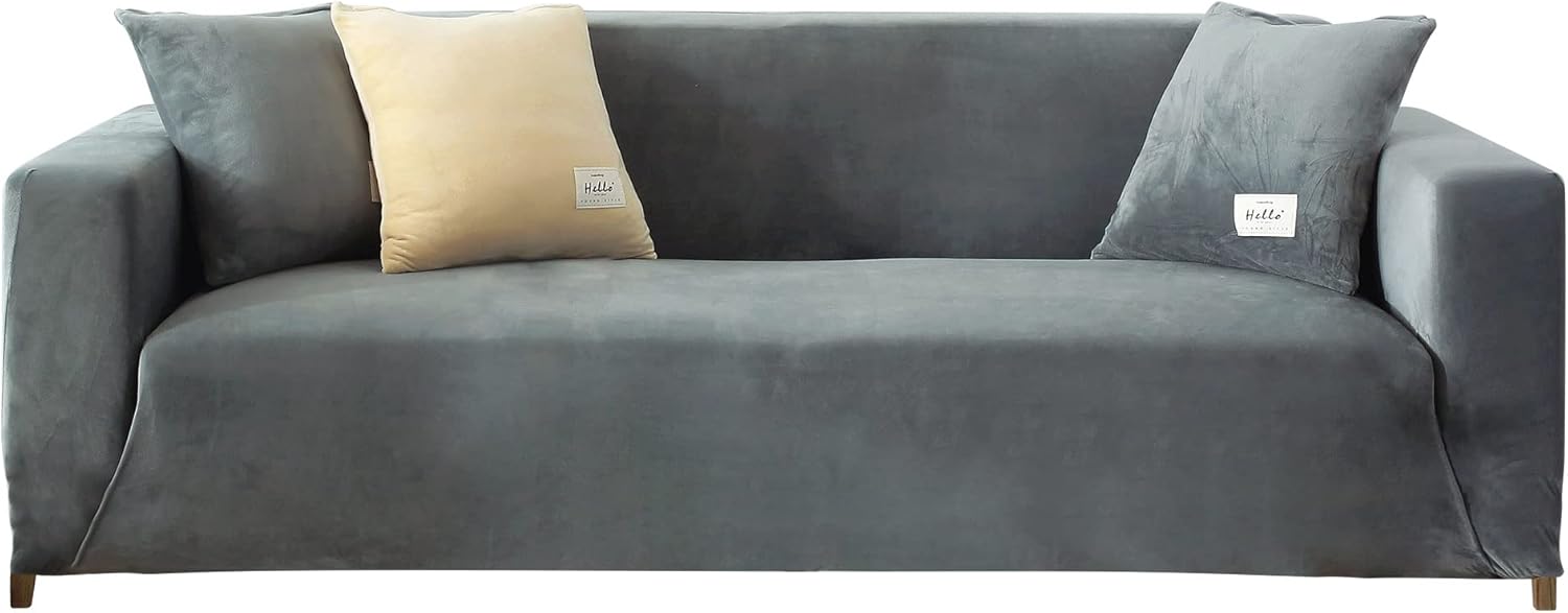 Funda elástica para sofá, funda de terciopelo suave con funda de almohada, protector de muebles para mascotas y niños (L, gris claro)