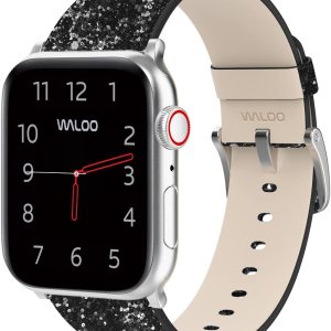 WALOO Correa de repuesto de cuero genuino con purpurina brillante compatible con tu Apple Watch Series 87654321SE, se adapta a tamaños de 1.496in, WALOO Correa de repuesto de cuero genuino con purpurina brillante compatible con tu Apple Watch Series 87654321SE, se adapta a tamaños de 1.496in,