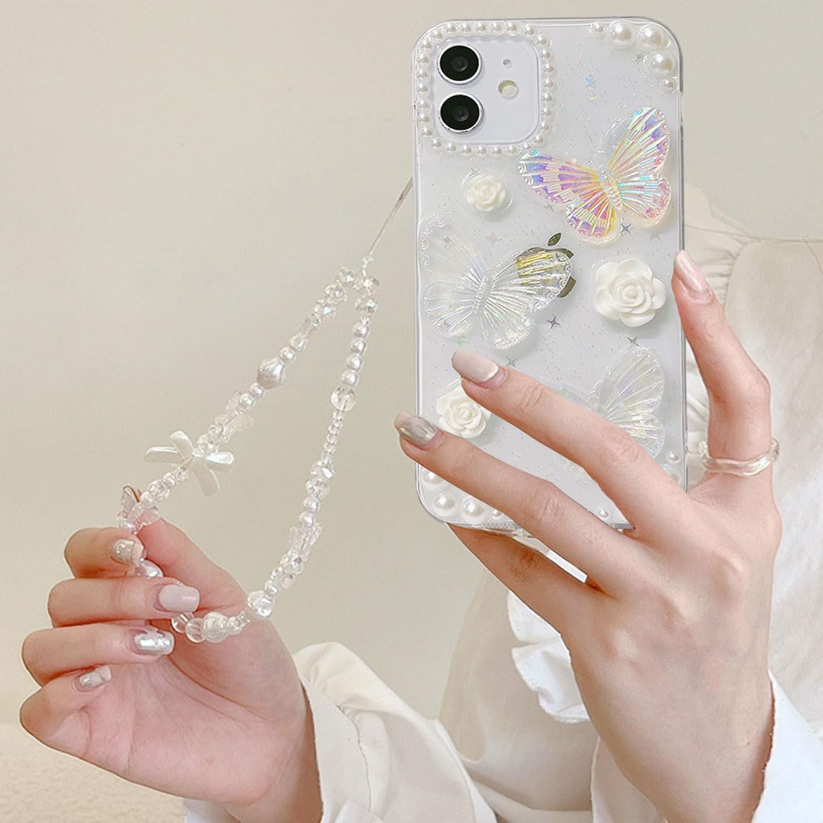 Funda transparente con purpurina para iPhone 15, bonita funda de silicona suave para mujeres y niñas, diseño de mariposas 3D, con perlas de cristal,