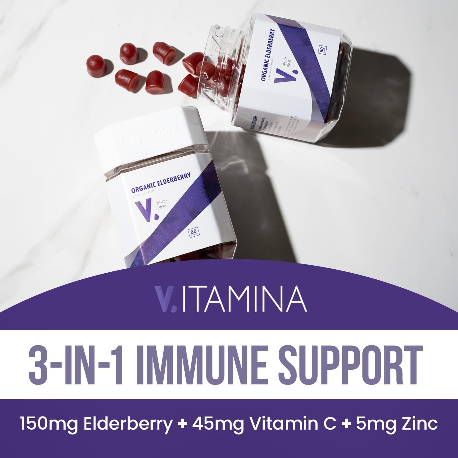 V ITAMINA Gomitas orgánicas de saúco con vitamina C y zinc, gomitas de saúco Sambucus para adultos y niños, suplemento de apoyo inmunológico,