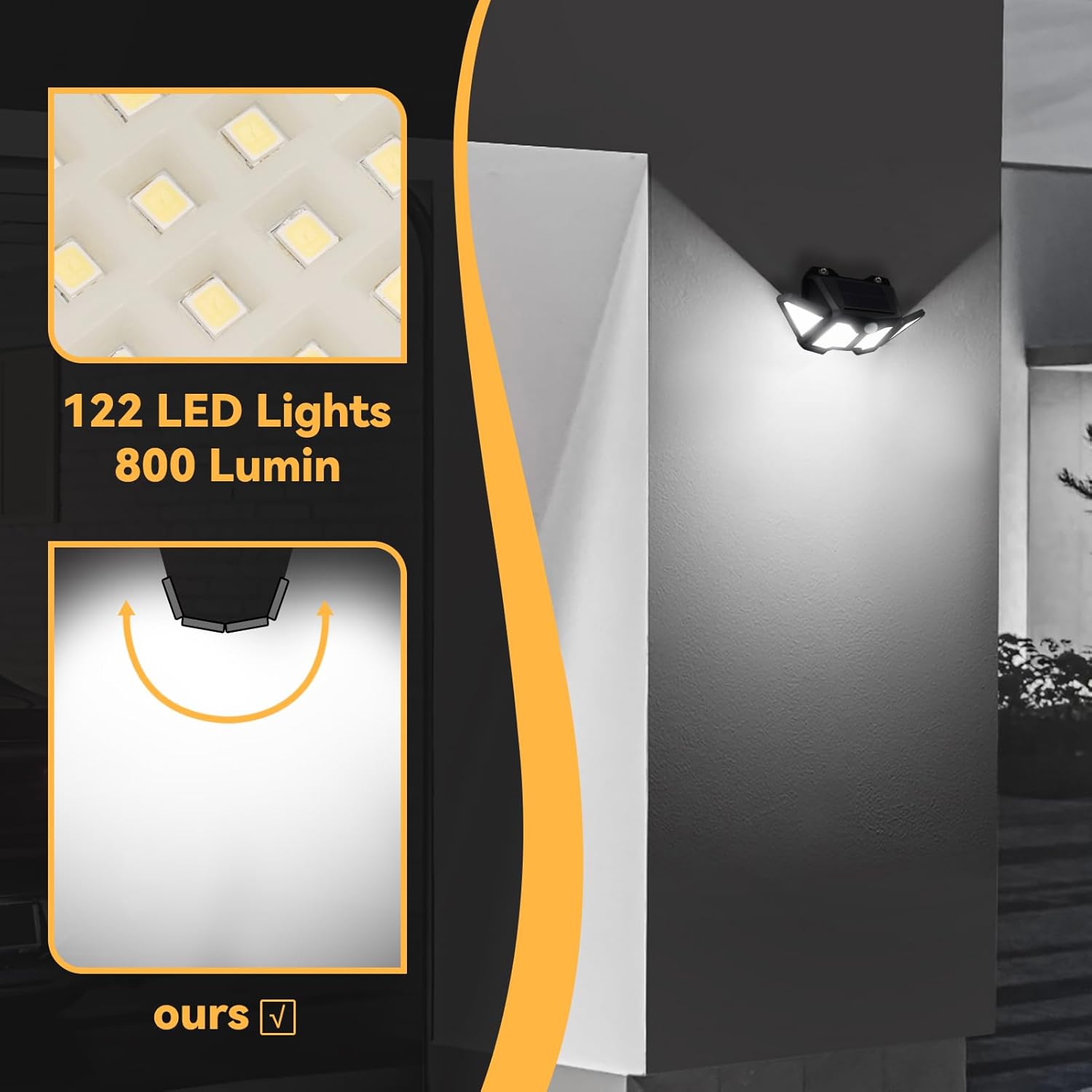 solebell Luz solar para exteriores, 122 LED, luces solares para exteriores IP44 impermeable con 2 cabezales ajustables 270 gran angular, luces de