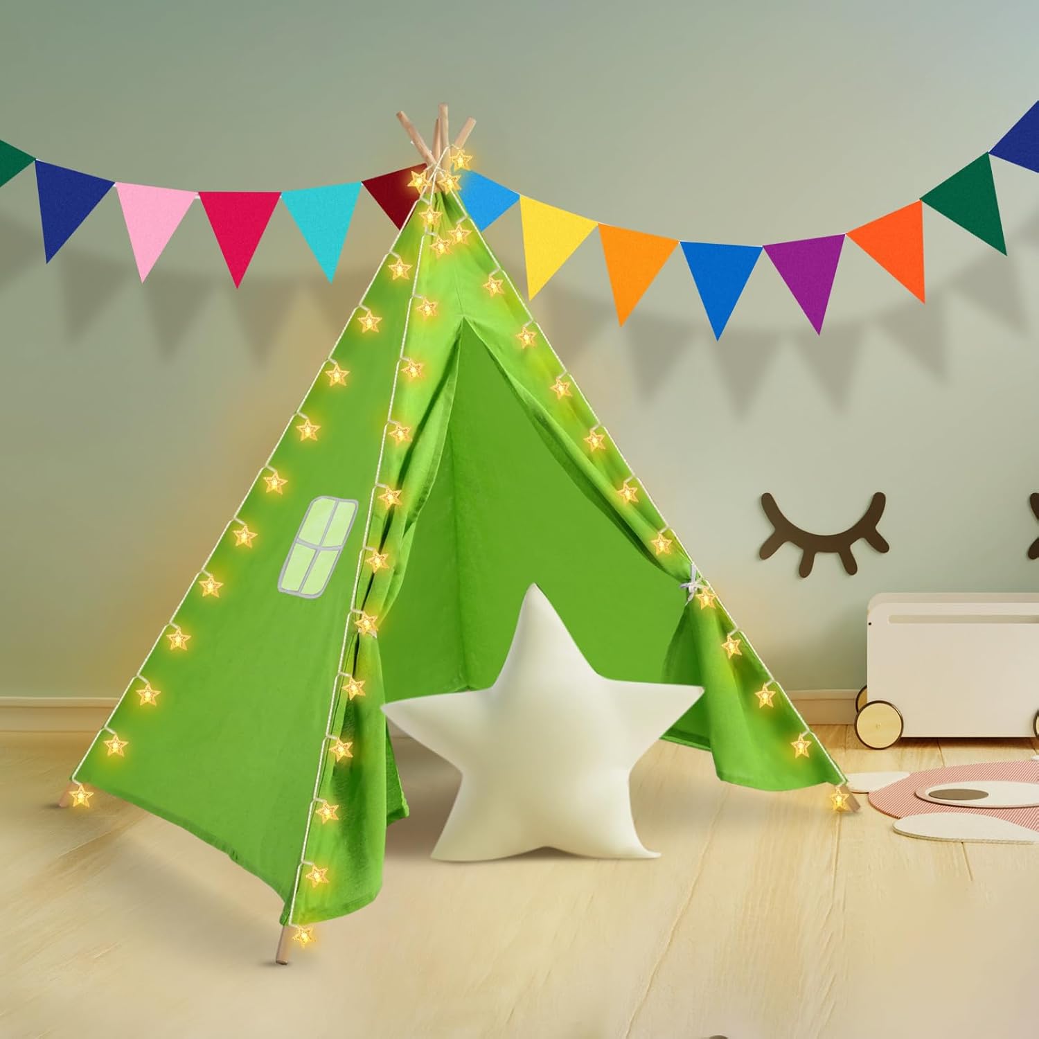 Juego de 6 tiendas de campaña para niños, tienda de campaña para niños con cadena de luces, pancarta, plegable, lavable, tienda de campaña para