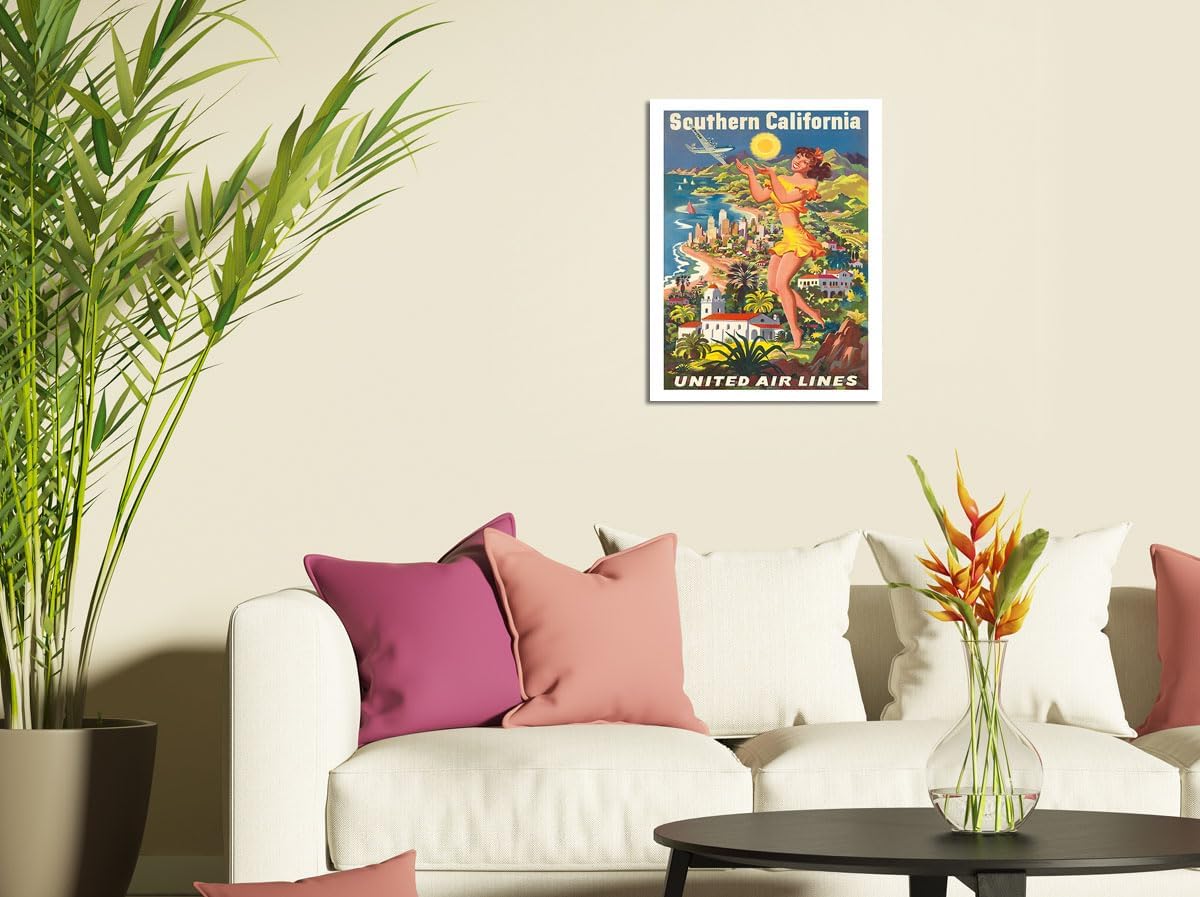 Southern California – United Air Lines – Póster vintage de viaje de aerolínea por Joseph Fehér c.1950 – Impresión artística maestra de 9 x 12