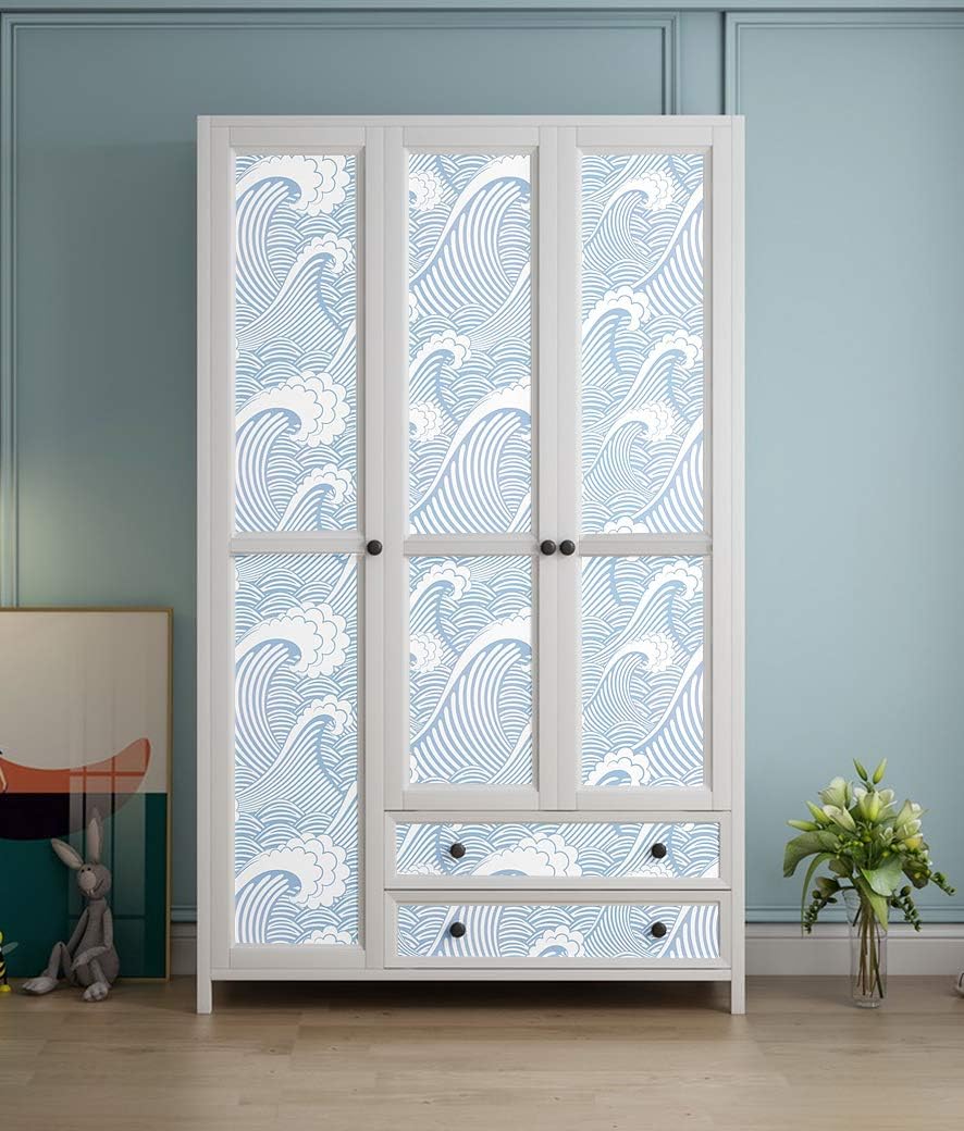Blooming Wall CPS030 – Papel pintado a mano sin costuras de olas blancas azules y blancas, papel tapiz autoadhesivo prepegado (17.7 x 118 pulgadas)
