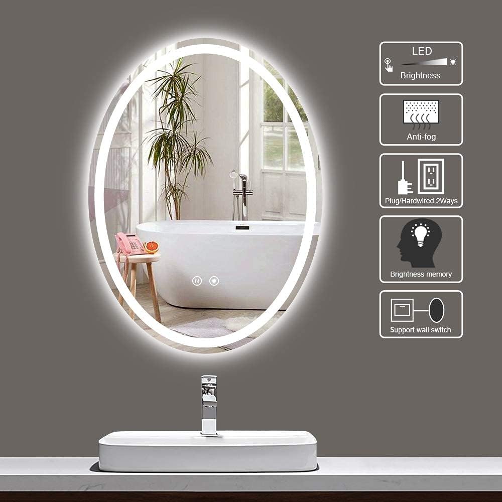 TokeShimi Espejo de baño LED ovalado de 24 x 32 pulgadas, espejo iluminado antivaho, espejo retroiluminado para baño, espejo regulable para montaje