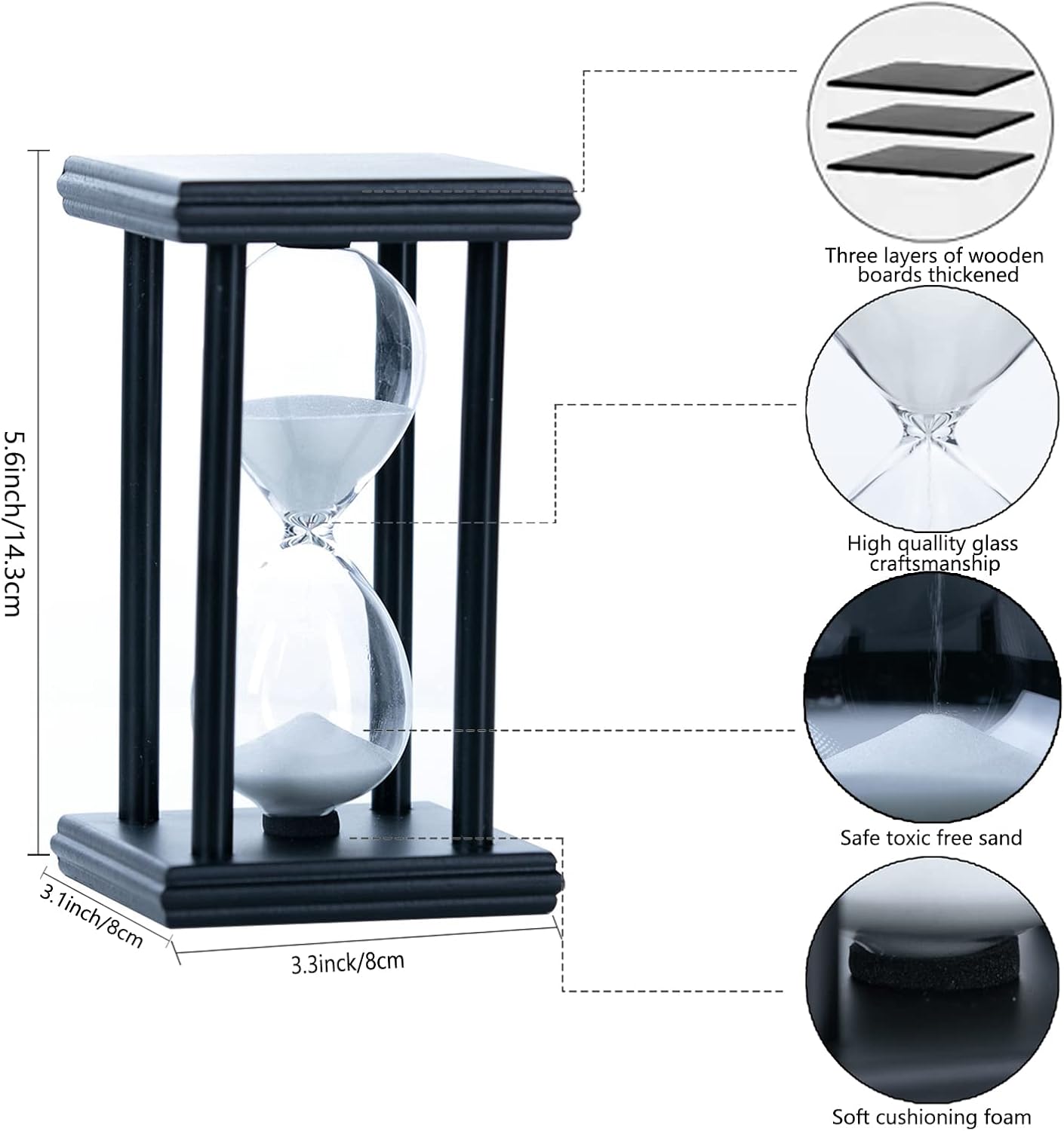 Temporizadores de arena de reloj de arena de 30 minutos, temporizador de arena grande para regalo, vidrio de arena decorativo de madera,