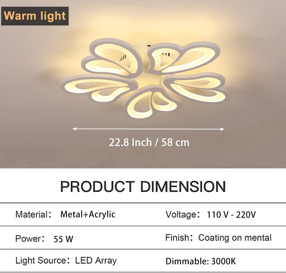 Lámpara de techo moderna, lámpara de techo de acrílico moderna de 55 W, lámpara LED con forma de flor de metal para sala de estar, dormitorio,