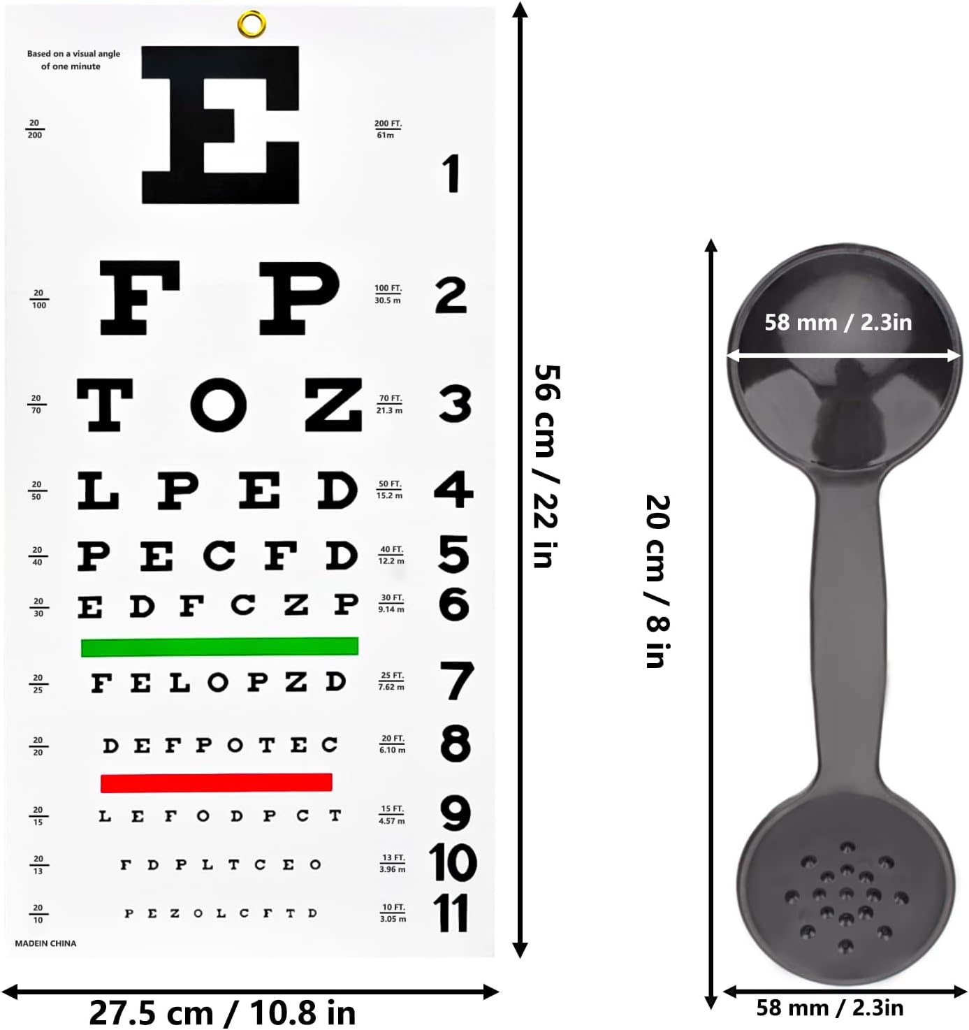 Kit completo de examen de ojos Snellen estándar de 20 pies Snellen Eye Chart 22×11 pulgadas con 2 oclusores oclusores de doble uso