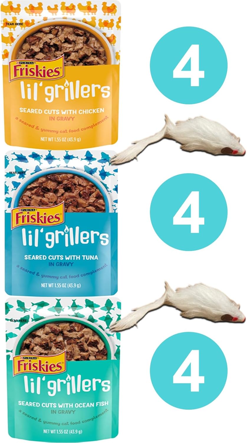 Friskies Lil Grillers – Bolsas de comida húmeda para gatos, paquete variado de 3 sabores, paquete de 12 – Cortes chamuscados con pollo, pescado