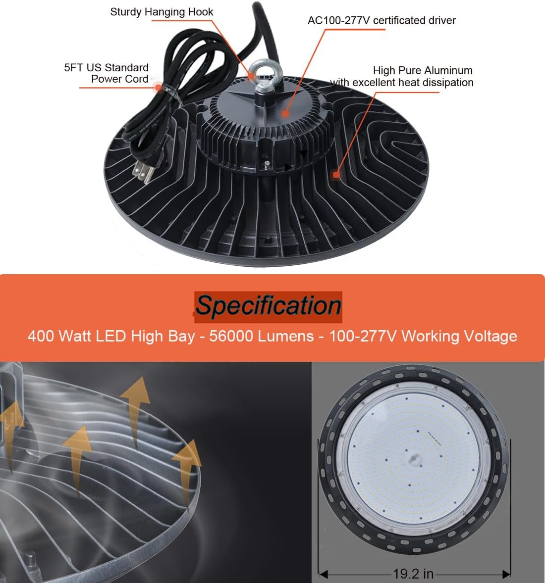 Luz LED UFO de 400 W, 56,000 lm con enchufe de EE. UU., luz LED de alta bahía de 5000 K 100-277 V para almacén, taller, fábrica, gimnasio, garaje,