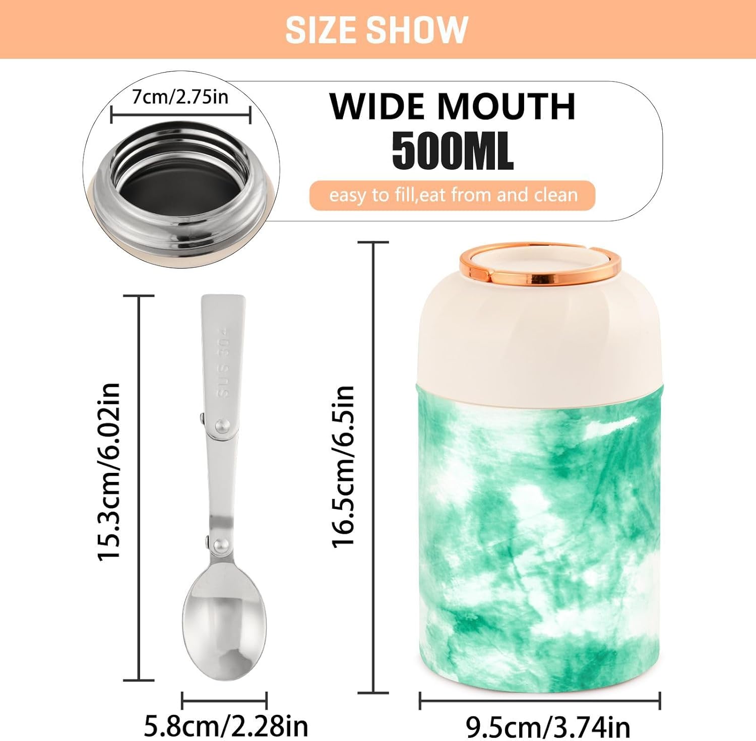 Tarro de comida verde Tie Dye con cuchara de acero inoxidable aislado al vacío contenedor de alimentos de 17 oz termo de alimentos para alimentos