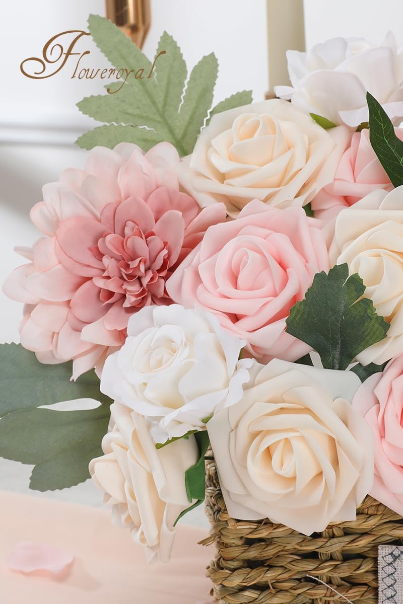 Floweroyal Flores rosas artificiales de color rosa, flores falsas de dalia con tallos para ramos de novia de boda, baby shower, arreglo floral,