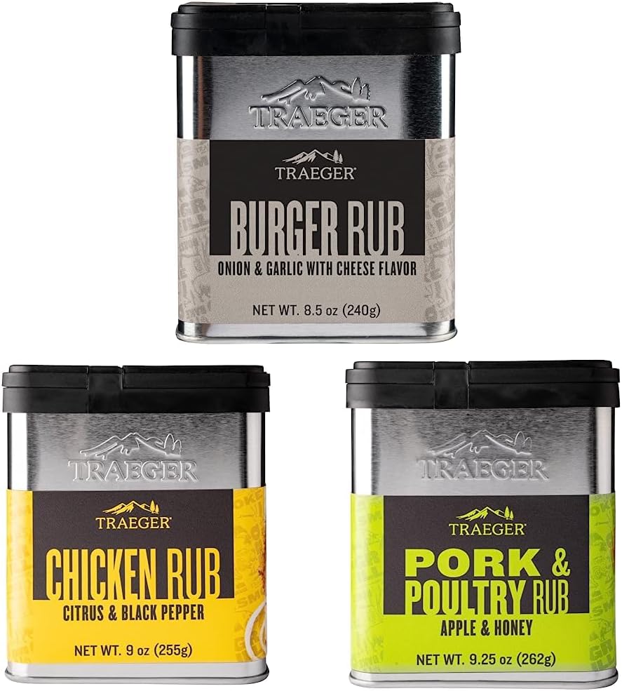 Traeger Grills SPC215 Burger Rub con sabor a cebolla, ajo y queso y SPC170 – Rub de pollo con cítricos y pimienta negra y SPC171 Cerdo y aves de