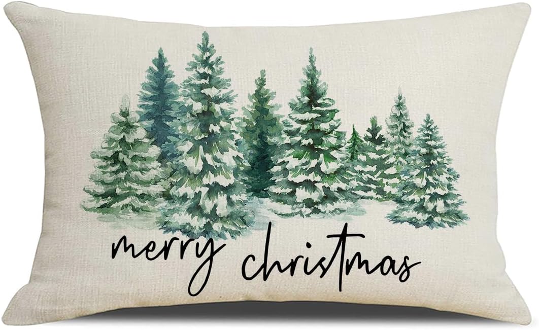 Fundas de almohada de Navidad de 12 x 20 pulgadas, diseño de árbol de Navidad en acuarela, bosque natural, funda de cojín decorativo para vacaciones