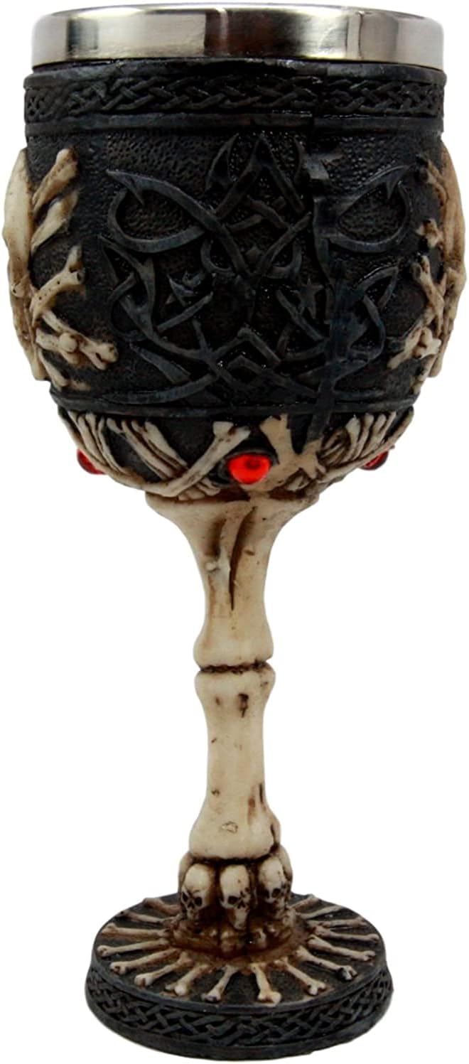Ebros Gift Árbol esquelético de la vida, cráneo, esqueleto, cruz, huesos, espinas y costillas con gemas rojas, pequeño de 6 pulgadas de alto, copa