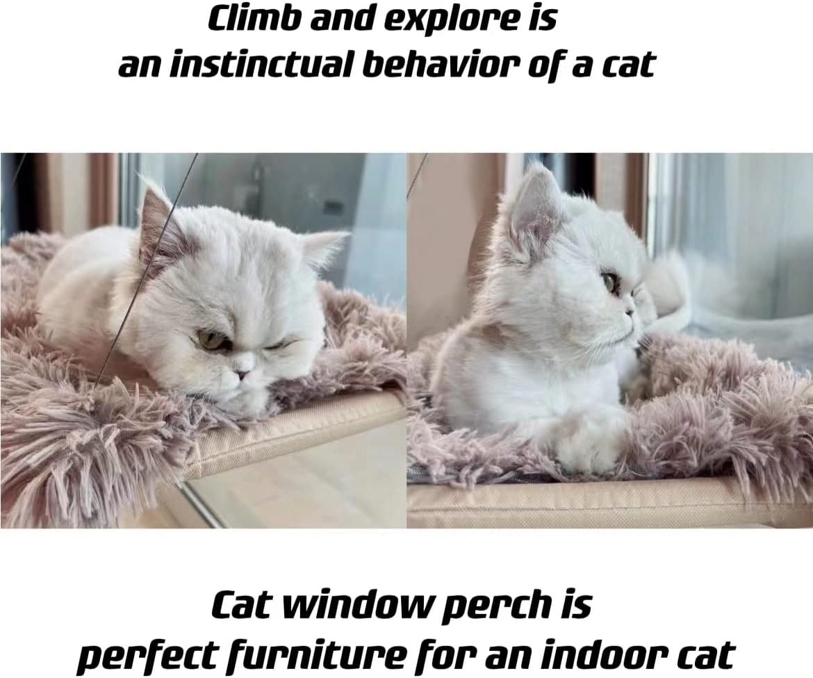 HlinZoom Cat Window Hammock, Cat Window Perch with Fluffy Blanket, Easy to Assemble Cats Window Resting Seat for Sunbathe Indoor