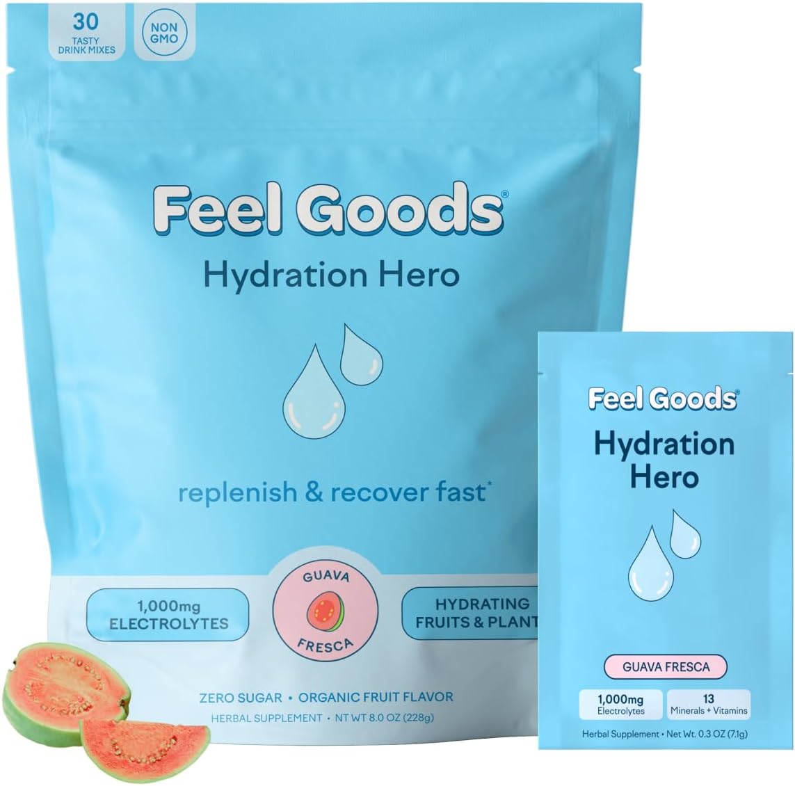 Feel Goods Hydration Hero – Paquetes de hidratación de electrolitos en polvo, sin azúcar, más de 60 oligogramas, frutas orgánicas, Keto – Guayaba