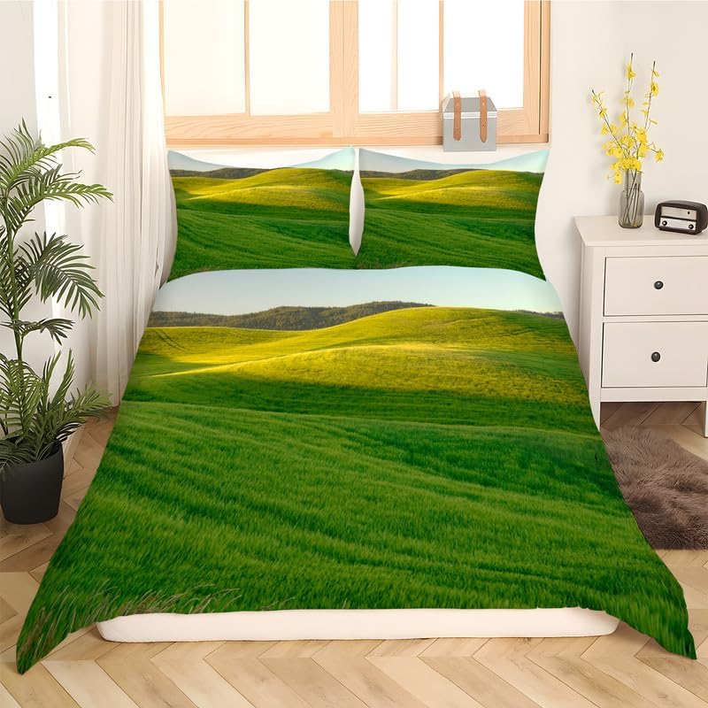 Juego de funda de edredón tamaño individual de hierba verde oscuro, estampado de vistas, funda de edredón de microfibra suave y 2 fundas de almohada