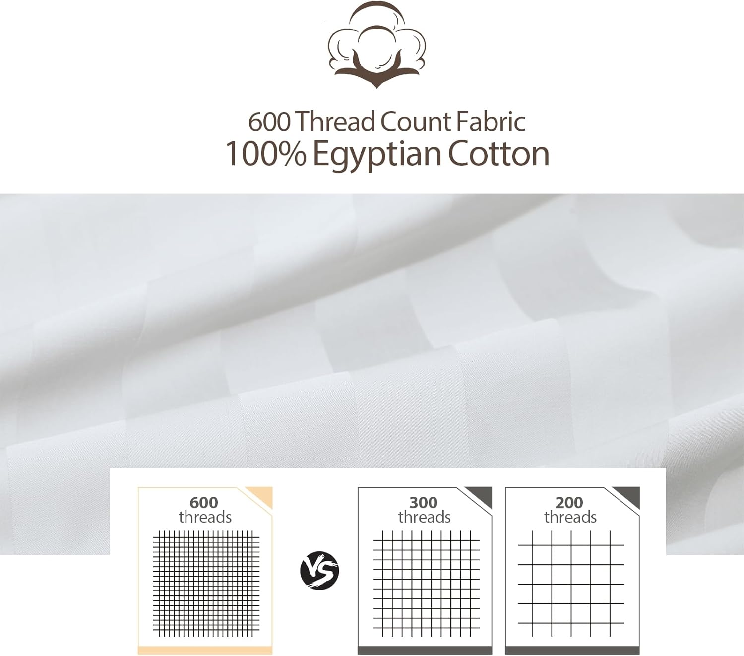 Sábana bajera ajustable a rayas tamaño Queen solo color blanco, 100% algodón egipcio de 600 hilos, bolsillo profundo de 16 pulgadas de grosor de