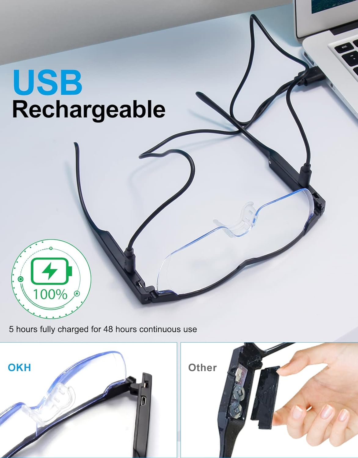 200% lupa con luz, anteojos de aumento recargables con luz LED, luz anti azul, lupa manos libres para trabajo cercano, manualidades, joyeros,
