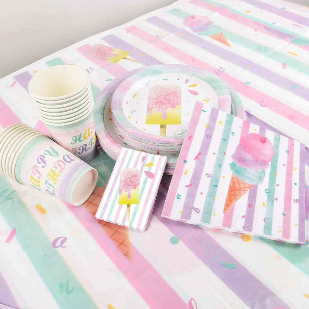 Juego de suministros para fiesta de helados  Vajilla de fiesta de paletas de helado para niñas, niños, cumpleaños, baby shower, mantel desechable,