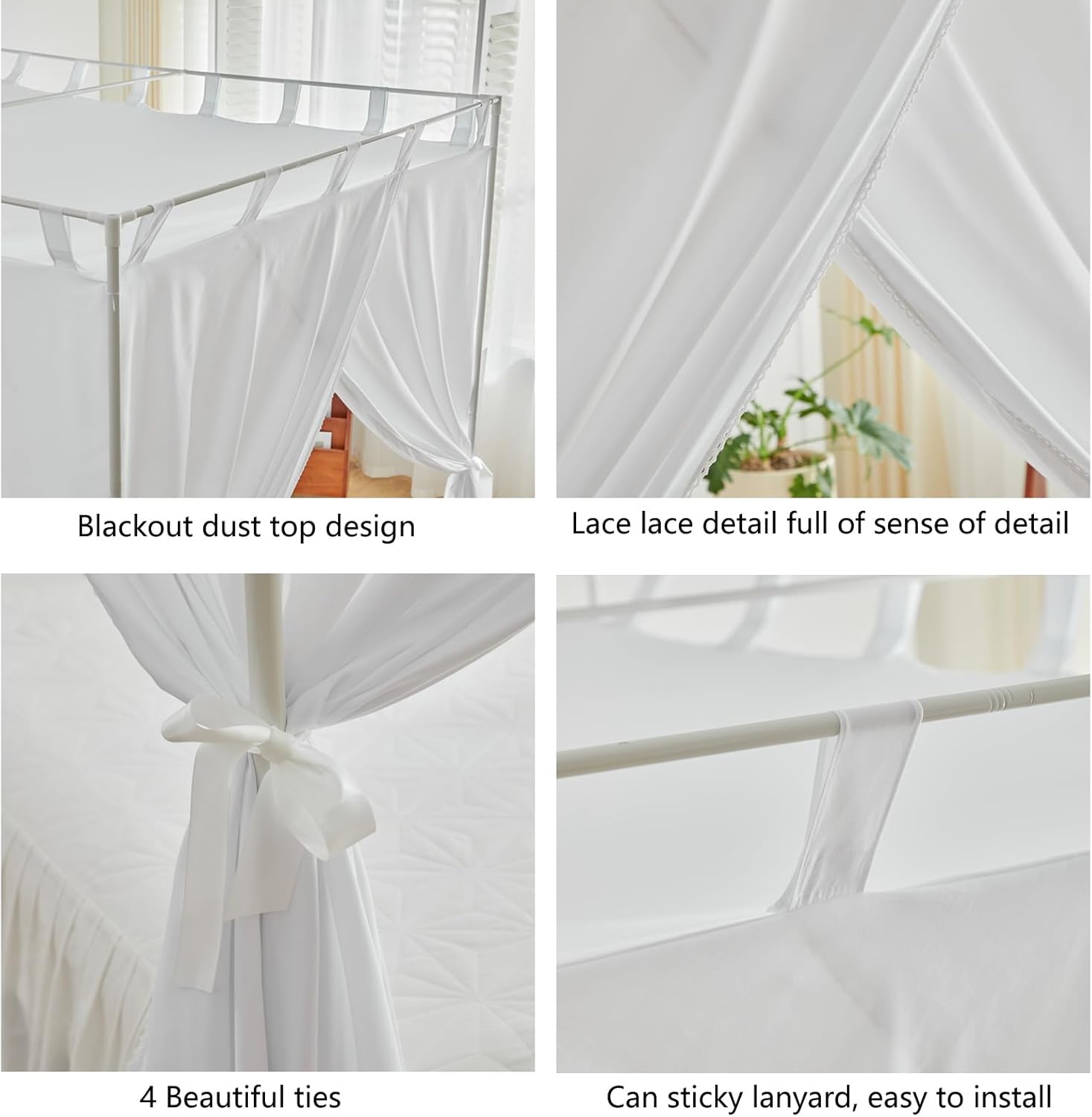 AIKASY Cortinas de cama blancas con lazos superiores y alzapaños para decoración de dormitorio, cortinas de cama de tamaño individual con