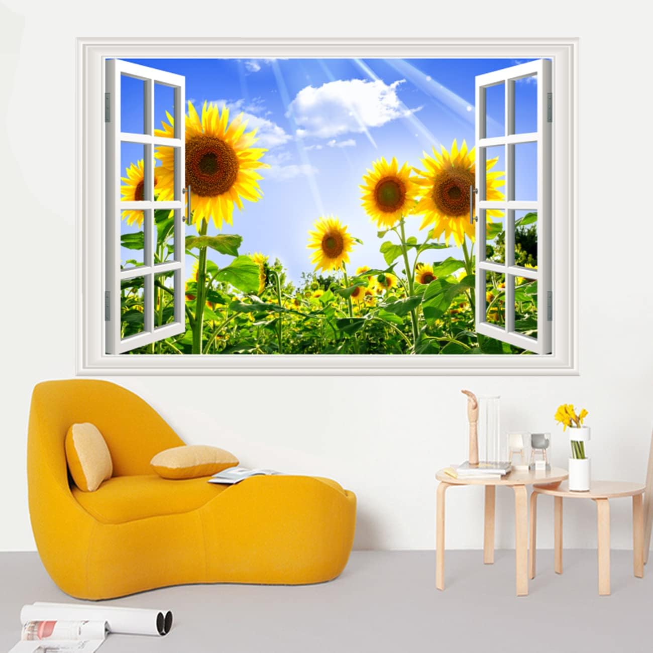 Pintura autoadhesiva 3D, calcomanías de pared falsas para ventana, isla tropical con palmeras, mural de pared, vista de ventana, decoración de pared