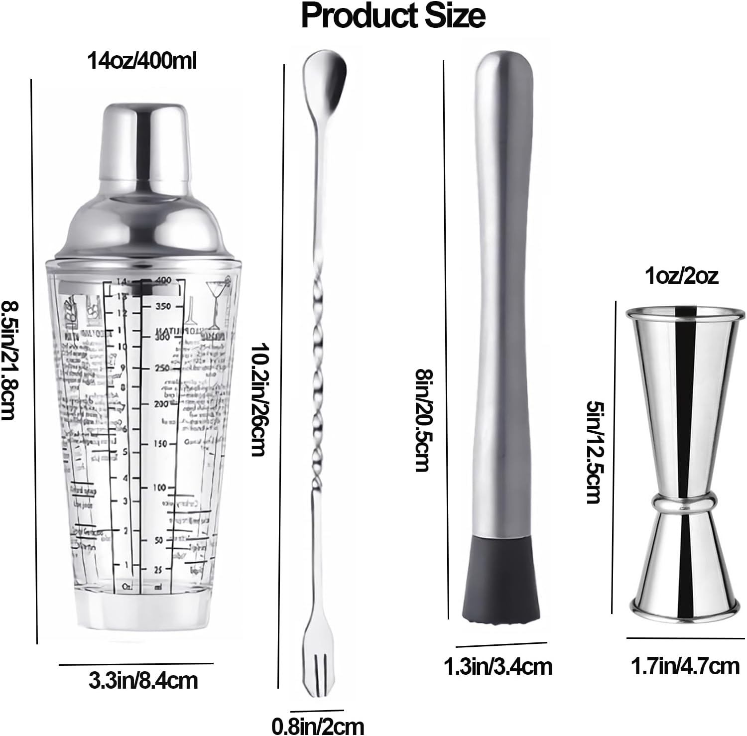 Juego de 4 cocteleras de 14 onzas, coctelera de vidrio Martini de 14 onzas, con doble jigger de medición (1 oz y 2 oz), mezclador de cóctel y