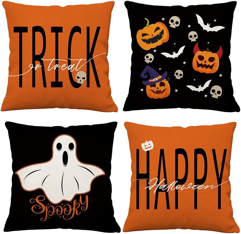 Juego de 4 fundas de almohada de Halloween de 20 x 20 pulgadas, juego de 4 fundas de almohada de truco o trato, negro, blanco, fantasma, bruja,